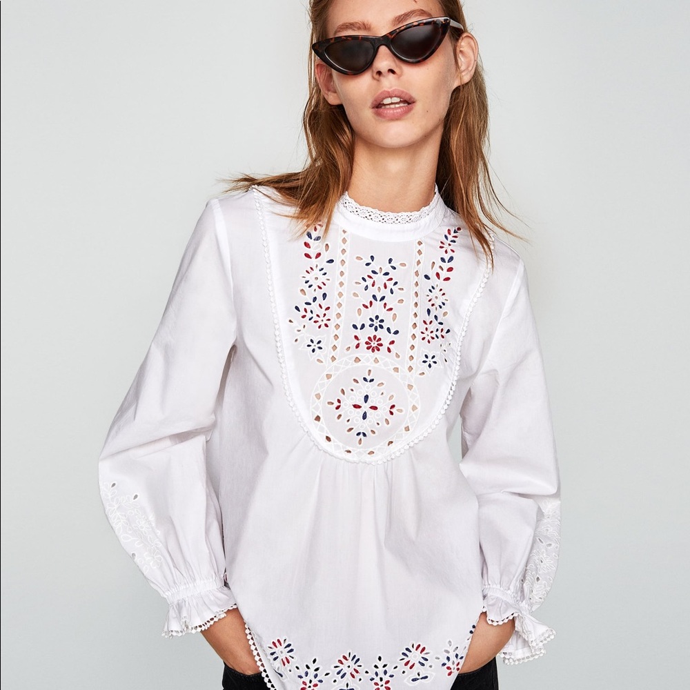 ZARA White Embroidered Loose Blouse Top